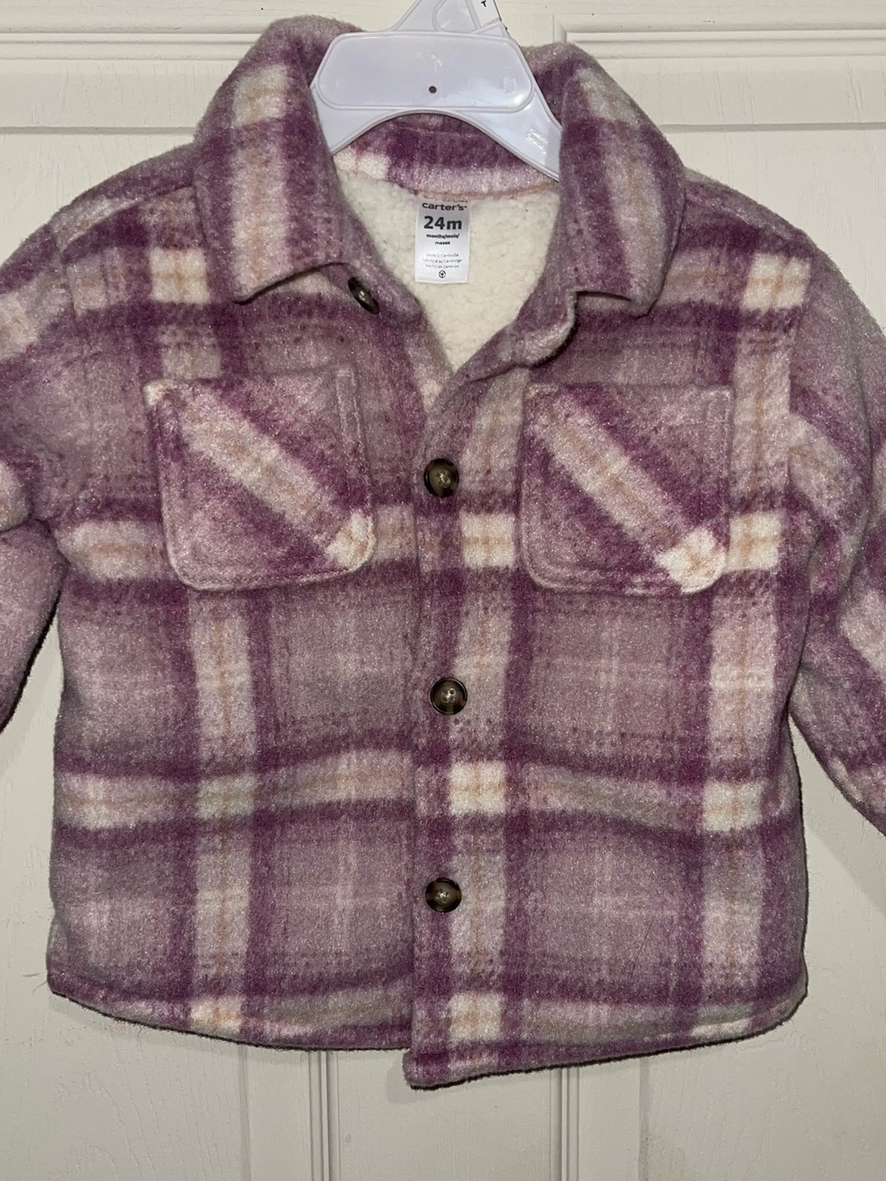 Carter's Purple and Cream Plaid Sherpa-Lined Button Jacket